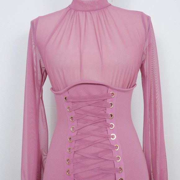 Iris Mauve Pink Sheer Mock Neck Long Sleeve Corset Lace Up SZ S Sexy Y2K Dress - Picture 6 of 14